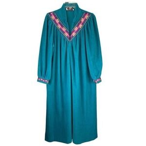 T2 VTG Vanity Fair Velour Zip Robe Teal Embroidered Long Sleeve‎ Lounge Caftan